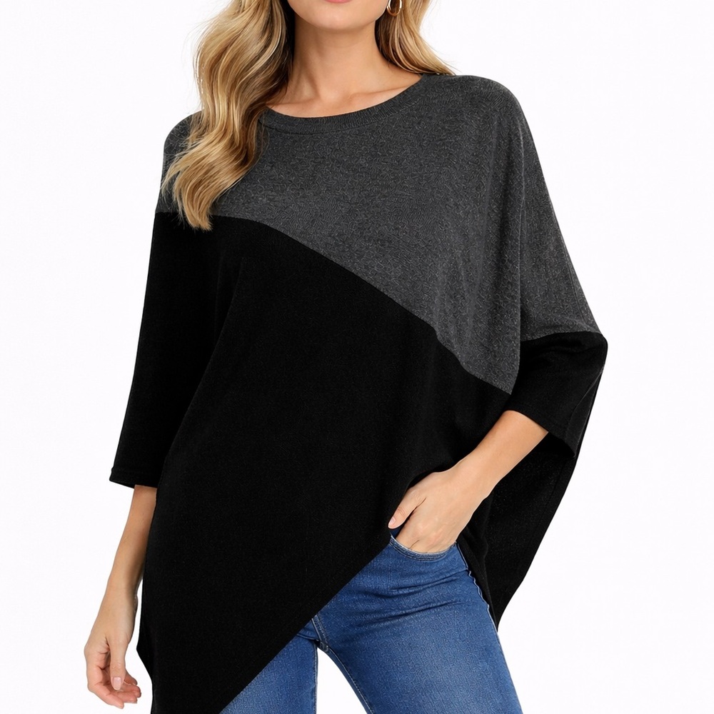 Celeste Gray and Black wool cashmere Asymmetrical Poncho Top one size